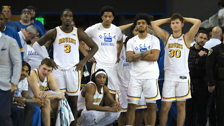 Jan 31, 2026; Los Angeles, California, USA; UCLA Bruins react on the bench as the lost to the Indiana Hoosiers in double overtime at Pauley Pavilion presented by Wescom Financial. Mandatory Credit: Jayne Kamin-Oncea-Imagn Images Jan 31, 2026; Los Angeles, California, USA; UCLA Bruins react on the bench as the lost to the Indiana Hoosiers in double overtime at Pauley Pavilion presented by Wescom Financial. Mandatory Credit: Jayne Kamin-Oncea-Imagn Images