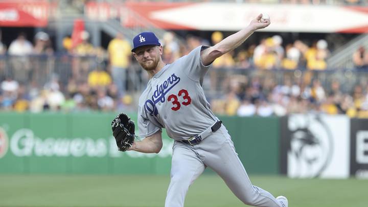 Jun 9, 2026; Pittsburgh, Pennsylvania, USA;  Los Angeles Dodgers starting pitcher Eric Lauer (33) pitches against the Pittsburgh Pirates during the fourth inning at PNC Park. Mandatory Credit: Charles LeClaire-Imagn Images