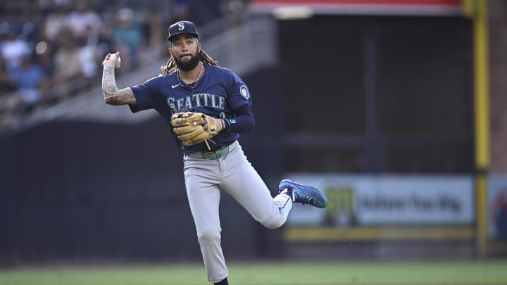 Seattle Mariners shortstop J.P. Crawford (3) throws to first base on a ground out by San Diego Padres third baseman Donovan Solano (not pictured) during the ninth inning at Petco Park on July 10.
