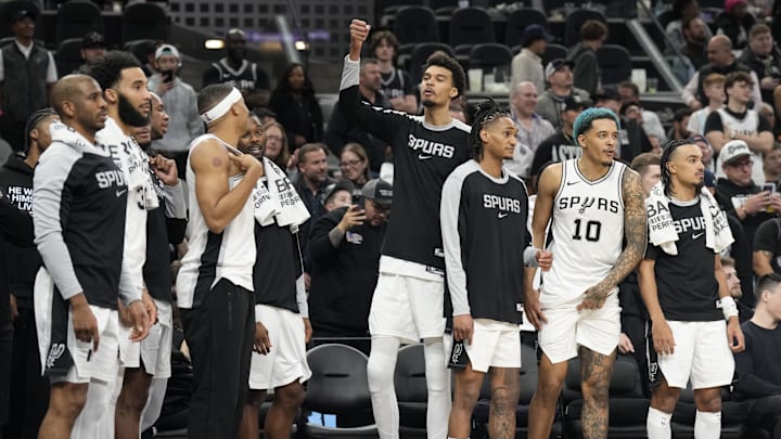 Jan 31, 2025; San Antonio, Texas, USA; San Antonio Spurs center Victor Wembanyama (1) and teammates react to a victory over the Milwaukee Bucks at Frost Bank Center. Mandatory Credit: Scott Wachter-Imagn Images