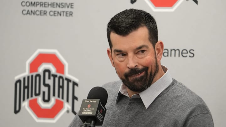 Ohio State University football coach Ryan Day talks with the media Wednesday, December 4, 2024 after the devastating loss to Michigan for the fourth straight year. The news conference was held in the Woody Hayes Athletic Center football team meeting room in Columbus.