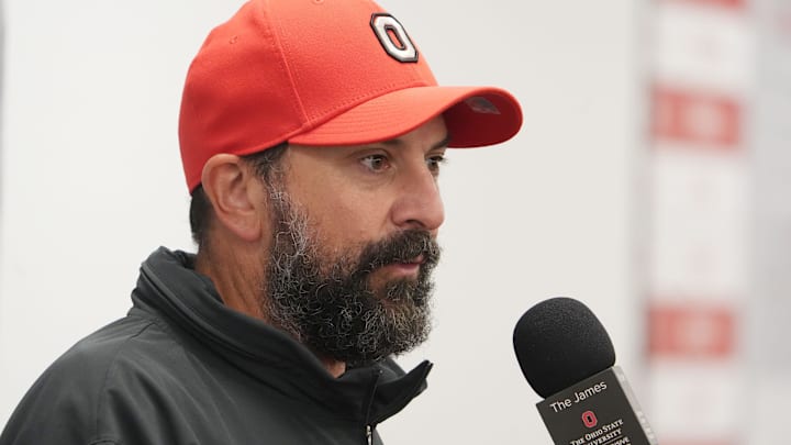 Ohio State football defensive coordinator Matt Patricia answers a question during the Ohio State football coaches news conference August 18, 2025 at the Woody Hayes Athletic Center in Columbus, Ohio. Coaches answering questions were Ryan Day, Matt Patricia and Brian Hartline.