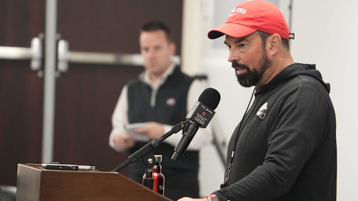 Ryan Day answers a question during an Ohio State football coach’s news conference Tuesday, March 10, 2026 at the Woody Hayes Athletic Center in Columbus, Ohio. Ryan Day answers a question during an Ohio State football coach’s news conference Tuesday, March 10, 2026 at the Woody Hayes Athletic Center in Columbus, Ohio.