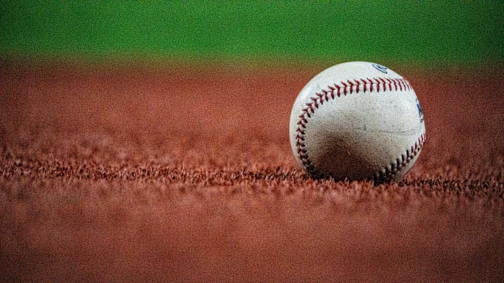 A foul ball sits in the turf during a college baseball game between Mississippi State and Ole Miss at Trustmark Park in Pearl, Miss., on Tuesday, April 28, 2026. Mississippi State defeated Ole Miss in the Governor’s Cup 7-3.