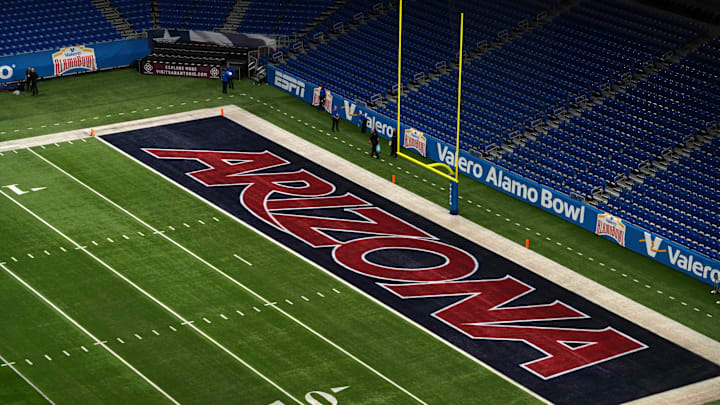 Dec 28, 2023; San Antonio, TX, USA; The Arizona Wildcats logo in the end zone at Alamodome. Mandatory Credit: Kirby Lee-Imagn Images