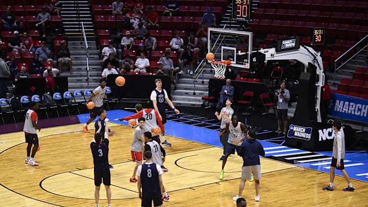 Mar 19, 2026; San Diego, CA, USA; Arizona Wildcats players shoot during a practice session ahead of the first round of the men's 2026 NCAA Tournament at Viejas Arena. Mandatory Credit: Denis Poroy-Imagn Images