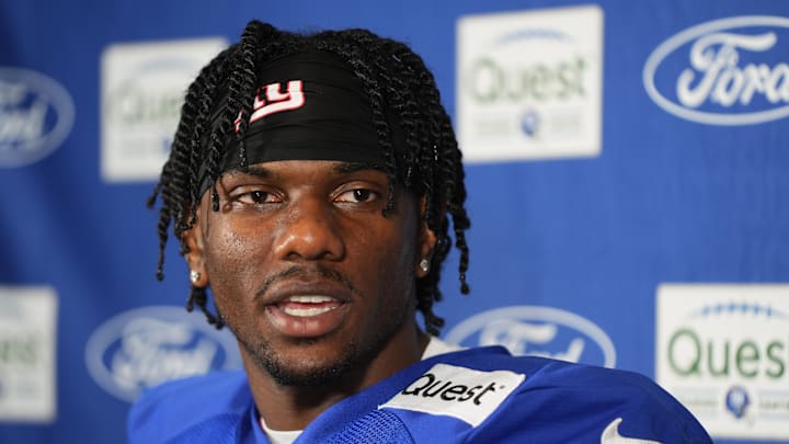 Jul 26, 2024; East Rutherford, NJ, USA; New York Giants wide receiver Malik Nabers (9) speaks at a press conference after training camp at Quest Diagnostics Training Center. Mandatory Credit: Lucas Boland-USA TODAY Sports