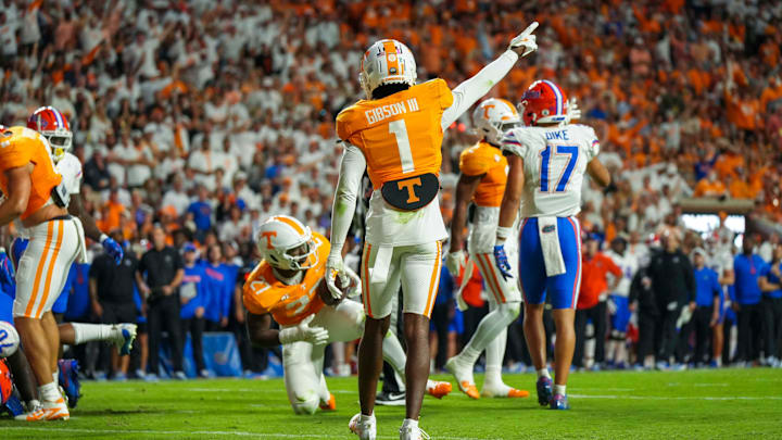 Oct 12, 2024; Knoxville, Tennessee, USA;  Tennessee Volunteers defensive back Rickey Gibson III (1) reacts after a fumble by the Florida Gators at Neyland Stadium. Mandatory Credit: Angelina Alcantar/USA TODAY Network via Imagn Images