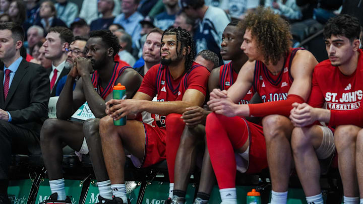 Feb 25, 2026; Hartford, Connecticut, USA; The St. John's basketball bench watch as they take on the UConn Huskies in the second half at PeoplesBank Arena.