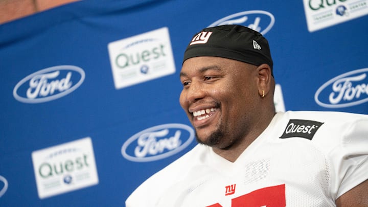 New York Giants defensive tackle Dexter Lawrence II (97) speaks at a press conference during day one of the New York Giants training camp at Quest Diagnostics Giants Training Center in East Rutherford on Wednesday, July 23, 2025. New York Giants defensive tackle Dexter Lawrence II (97) speaks at a press conference during day one of the New York Giants training camp at Quest Diagnostics Giants Training Center in East Rutherford on Wednesday, July 23, 2025.