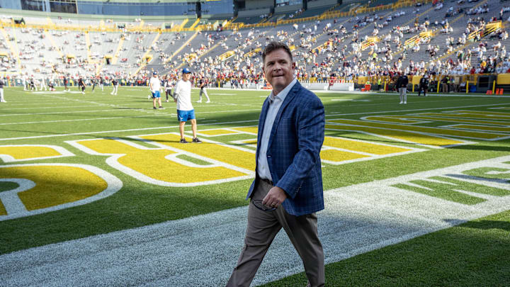 Oct 20, 2024; Green Bay, Wisconsin, USA; Green Bay Packers general manager Brian Gutekunst is shown before their game against the Houston Texans at Lambeau Field. Mandatory Credit: Mark Hoffman/USA TODAY Network via Imagn Images