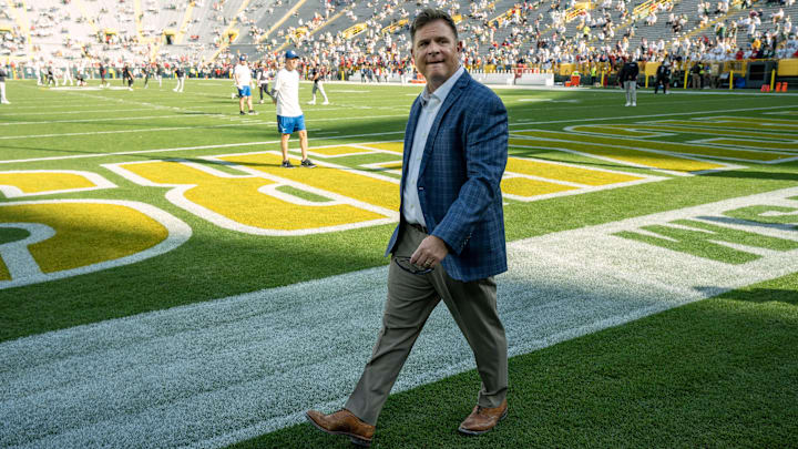 Oct 20, 2024; Green Bay, Wisconsin, USA; Green Bay Packers general manager Brian Gutekunst is shown before their game against the Houston Texans at Lambeau Field. Mandatory Credit: Mark Hoffman/USA TODAY Network via Imagn Images