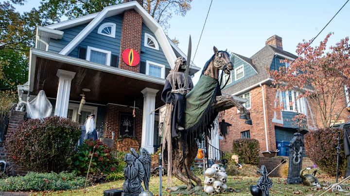 Halloween decorations outside the front of a house on Clinton Place in Hackensack on Thursday, Oct. 24, 2024. This block features over a dozen decorated spooky houses.