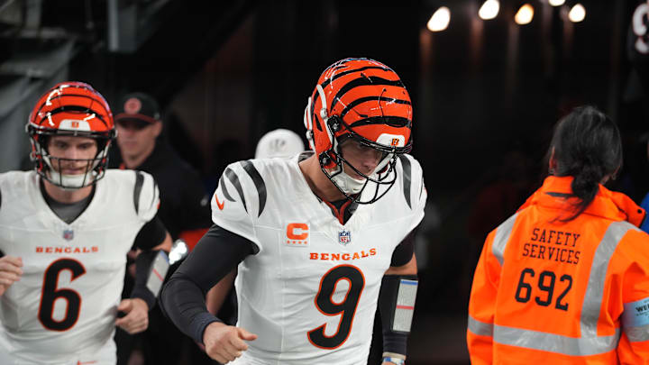 Joe Burrow enters the field in full gear to continue warming up before their game against the Giants at MetLife Stadium on Sunday October 13, 2024.