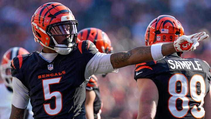 Cincinnati Bengals wide receiver Tee Higgins (5) celebrates a first down in the first quarter of the NFL Week 18 game between the Cincinnati Bengals and the Cleveland Browns at Paycor Stadium in Downtown Cincinnati on Sunday, Jan. 4, 2026.