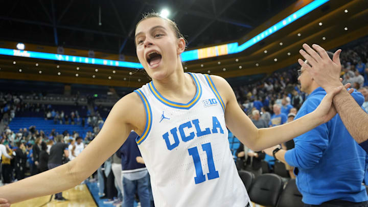 Feb 16, 2025; Los Angeles, California, USA; UCLA Bruins guard Gabriela Jaquez (11) celebrates with fans after the game against the Michigan State Spartans at Pauley Pavilion presented by Wescom. Mandatory Credit: Kirby Lee-Imagn Images