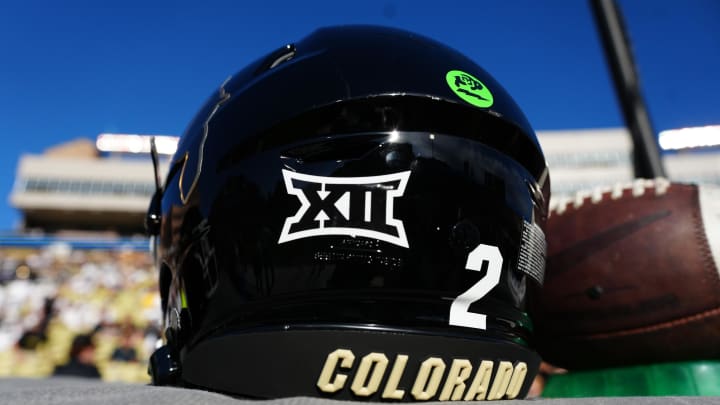 Aug 29, 2024; Boulder, Colorado, USA; Detailed view of the helmet worn by Colorado Buffaloes quarterback Shedeur Sanders (2) with the Big 12 emblem before the game against the North Dakota State Bison at Folsom Field. Mandatory Credit: Ron Chenoy-USA TODAY Sports