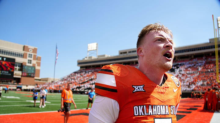 Oklahoma State's Alan Bowman (7) celebrates following the college football game between the Oklahoma State Cowboys and the Arkansas Razorbacks at Boone Pickens Stadium in Stillwater, Okla.,, Saturday, Sept., 7, 2024. Oklahoma State's Alan Bowman (7) celebrates following the college football game between the Oklahoma State Cowboys and the Arkansas Razorbacks at Boone Pickens Stadium in Stillwater, Okla.,, Saturday, Sept., 7, 2024.