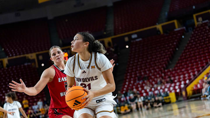Arizona State Sun Devils McKinna Brackens (21) prepares to shoot during a game against the Eastern Washington Eagles at Desert Financial Arena in Tempe, on Nov. 8, 2025.