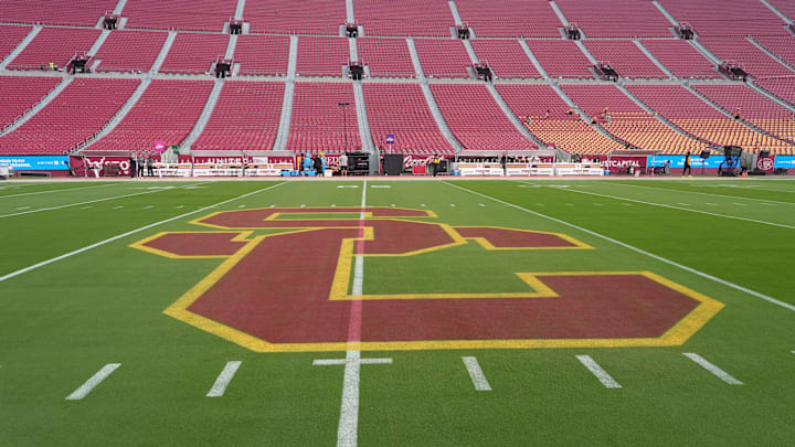 Sep 28, 2024; Los Angeles, California, USA; The Southern California Trojans SC logo at midfield is seen before a game between the Wisconsin Badgers and the USC Trojans at United Airlines Field at Los Angeles Memorial Coliseum. Mandatory Credit: Kirby Lee-Imagn Images