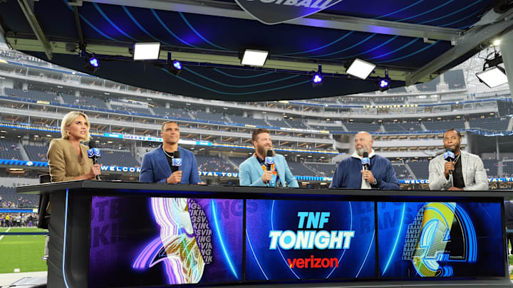 2024; Inglewood, California, USA; Thursday Night Football broadcasters at SoFi Stadium.