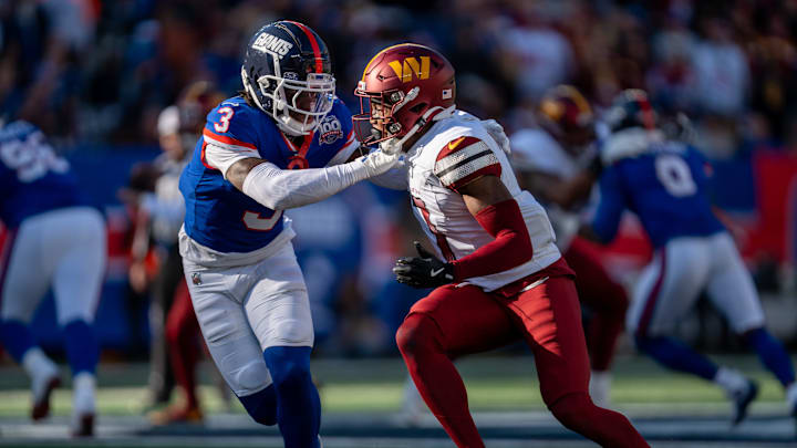 New York Giants cornerback Deonte Banks (3) plays defense on Washington Commanders wide receiver Terry McLaurin (17) during a game between the New York Giants and the Washington Commanders at MetLife Stadium in East Rutherford on Sunday, Nov. 3, 2024.