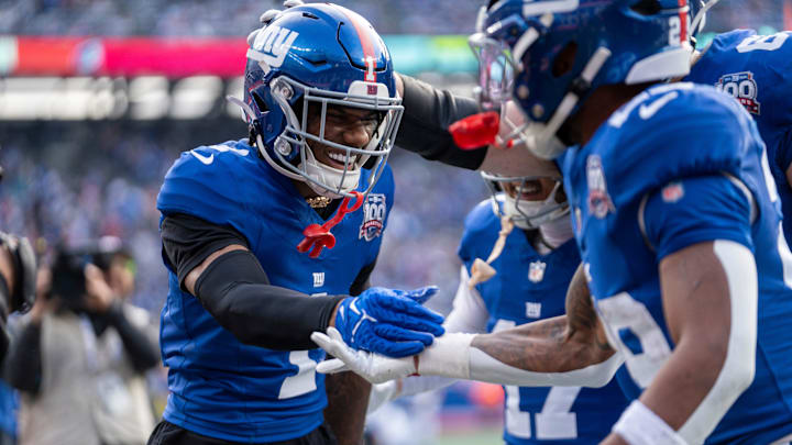 New York Giants wide receiver Malik Nabers (1) celebrates with his teammates after scoring a touchdown during a game between New York Giants and Indianapolis Colts at MetLife Stadium on Sunday, Dec. 29, 2024.