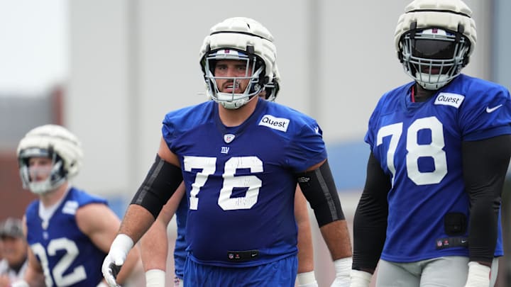 Jul 25, 2024; East Rutherford, NY, USA; New York Giants offensive guard Jon Runyan (76) participates in a drill during training camp at Quest Diagnostics Training Center.  