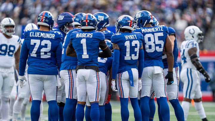 New York Giants offense huddles up during a game between New York Giants and Indianapolis Colts at MetLife Stadium on Sunday, Dec. 29, 2024. New York Giants offense huddles up during a game between New York Giants and Indianapolis Colts at MetLife Stadium on Sunday, Dec. 29, 2024.