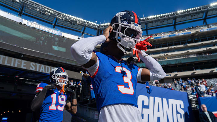 New York Giants cornerback Deonte Banks (3) walks out of the tunnel prior to the start of the game between the New York Giants and the Washington Commanders at MetLife Stadium in East Rutherford on Sunday, Nov. 3, 2024. New York Giants cornerback Deonte Banks (3) walks out of the tunnel prior to the start of the game between the New York Giants and the Washington Commanders at MetLife Stadium in East Rutherford on Sunday, Nov. 3, 2024.