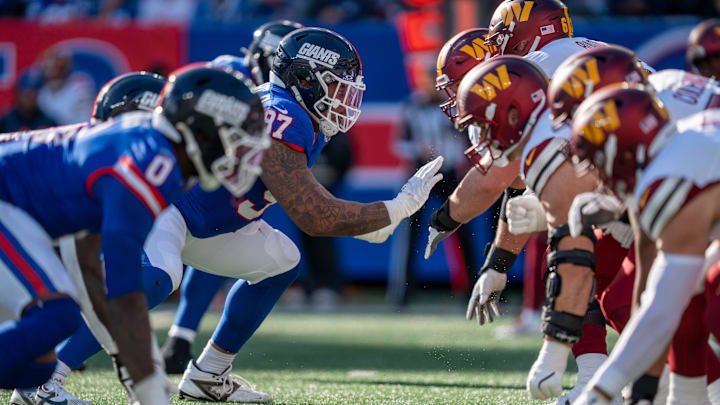New York Giants defensive tackle Dexter Lawrence II (97) lines up on defense during a game between the New York Giants and the Washington Commanders at MetLife Stadium in East Rutherford on Sunday, Nov. 3, 2024. New York Giants defensive tackle Dexter Lawrence II (97) lines up on defense during a game between the New York Giants and the Washington Commanders at MetLife Stadium in East Rutherford on Sunday, Nov. 3, 2024.