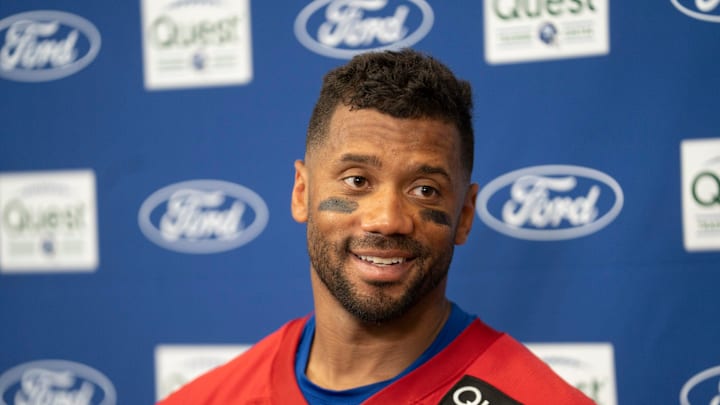 New York Giants quarterback Russell Wilson (3) speaks during a press conference during day one of the New York Giants training camp at Quest Diagnostics Giants Training Center in East Rutherford on Wednesday, July 23, 2025.