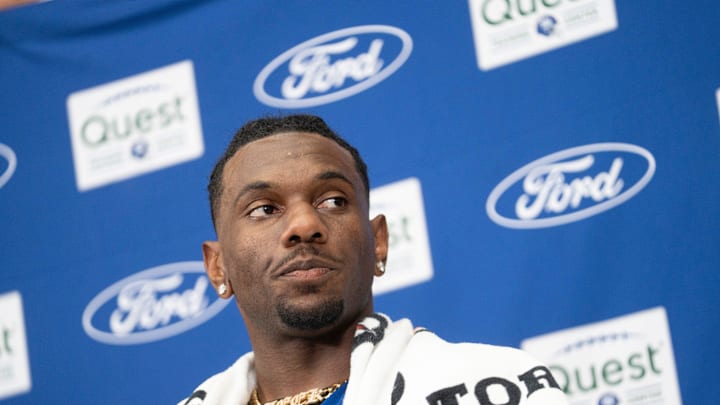 New York Giants wide receiver Malik Nabers (1) speaks during a press conference during day one of the New York Giants training camp at Quest Diagnostics Giants Training Center in East Rutherford on Wednesday, July 23, 2025.