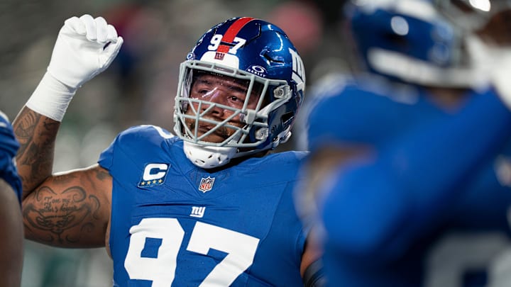 New York Giants defensive tackle Dexter Lawrence (97) gestures during a Thursday Night Football game between the New York Giants and the Philadelphia Eagles at MetLife Stadium in East Rutherford on Oct. 9, 2025. New York Giants defensive tackle Dexter Lawrence (97) gestures during a Thursday Night Football game between the New York Giants and the Philadelphia Eagles at MetLife Stadium in East Rutherford on Oct. 9, 2025.