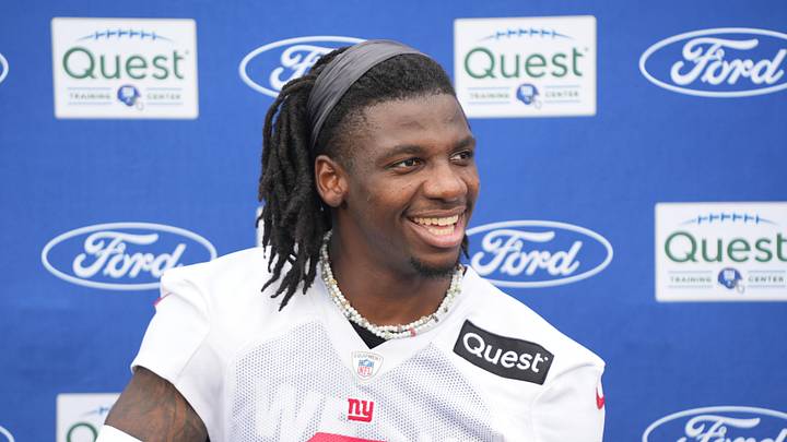 Jul 25, 2024; East Rutherford, NY, USA; New York Giants cornerback Deonte Banks (3) gives an interview after training camp at Quest Diagnostics Training Center.
