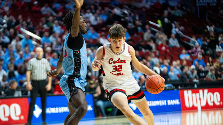 Cedar Falls' William Gerdes drives to the basket against Debuque Senior on Monday, March 10, 2025, at Wells Fargo Arena in Des Moines. Cedar Falls' William Gerdes drives to the basket against Debuque Senior on Monday, March 10, 2025, at Wells Fargo Arena in Des Moines.
