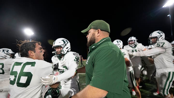 Oct 24, 2025; Allendale, NJ, USA; Ramapo football at Northern Highlands. Ramapo head coach Nick Guttuso and his team celebrate defeating Northern Highlands.