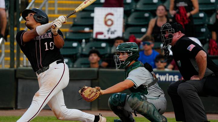 Stoneman Douglas's Angel Rodriguez (10) watches his hit during the Class 7A state championship game against Venice at Hammond Stadium in Fort Myers. Stoneman Douglas went on to win 2-1 to capture its sixth consecutive state championship. Stoneman Douglas's Angel Rodriguez (10) watches his hit during the Class 7A state championship game against Venice at Hammond Stadium in Fort Myers. Stoneman Douglas went on to win 2-1 to capture its sixth consecutive state championship.