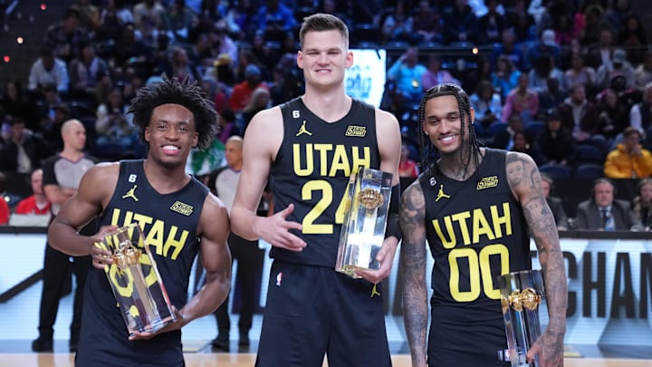 Feb 18, 2023; Salt Lake City, UT, USA; Team Jazz guard Collin Sexton (2), center Walker Kessler (24), and guard Jordan Clarkson (00) celebrate after winning the Skills Competition during the 2023 All Star Saturday Night at Vivint Arena. Mandatory Credit: Kyle Terada-Imagn Images Feb 18, 2023; Salt Lake City, UT, USA; Team Jazz guard Collin Sexton (2), center Walker Kessler (24), and guard Jordan Clarkson (00) celebrate after winning the Skills Competition during the 2023 All Star Saturday Night at Vivint Arena. Mandatory Credit: Kyle Terada-Imagn Images