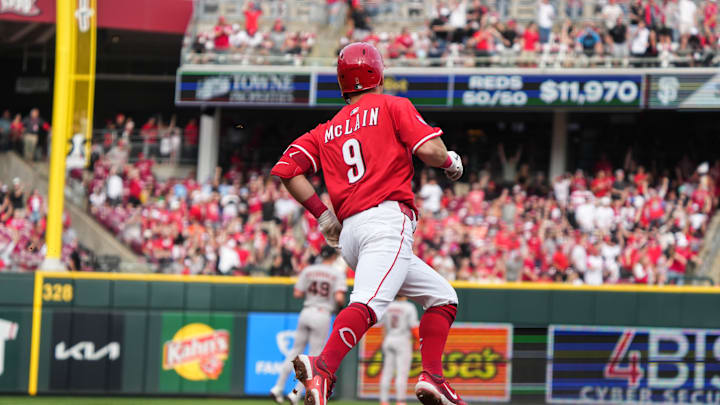 Reds Matt McLain (9) scores a homerun during their game against the San Francisco Giants at Great American Ball Park on Saturday March 29, 2025. Reds Matt McLain (9) scores a homerun during their game against the San Francisco Giants at Great American Ball Park on Saturday March 29, 2025.