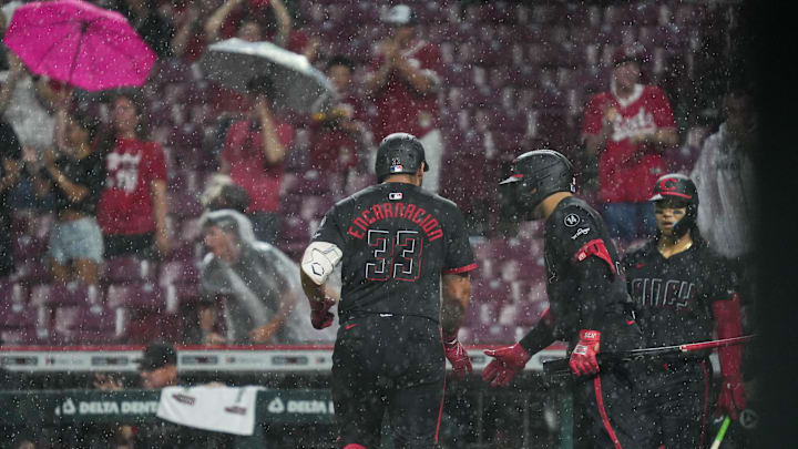 Jun 6, 2025; Cincinnati, OH, USA; Reds Christian Encarnacion-Strand (33) scores a homerun during their game against the Diamondbacks at Great American Ball Park on Friday June 6, 2025. Mandatory Credit: Phil Didion-USA TODAY Network via Imagn Images