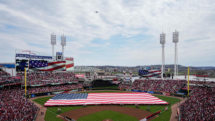 Great American Ball Park stands for the national anthem for the Reds 149th Opening Day game played against the San Francisco Giants on Thursday March 27, 2025. Great American Ball Park stands for the national anthem for the Reds 149th Opening Day game played against the San Francisco Giants on Thursday March 27, 2025.