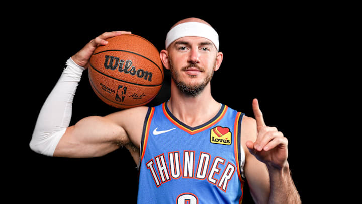 Oklahoma guard Alex Caruso (9) poses for a photo shoot during Thunder media day at Paycom Center in Oklahoma City on Monday, Sept. 29, 2025.