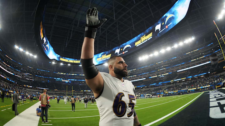 Nov 25, 2024; Inglewood, California, USA; Baltimore Ravens guard Patrick Mekari (65) leaves the field after the game against the Los Angeles Chargers at SoFi Stadium. Mandatory Credit: Kirby Lee-Imagn Images Nov 25, 2024; Inglewood, California, USA; Baltimore Ravens guard Patrick Mekari (65) leaves the field after the game against the Los Angeles Chargers at SoFi Stadium. Mandatory Credit: Kirby Lee-Imagn Images