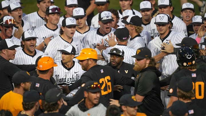 The Vanderbilt and Tennessee baseball team argue after a NCAA baseball game between the Tennessee Volunteers and Vanderbilt Commodores at Lindsey Nelson Stadium on May 11, 2025. Vanderbilt won 7-5 against Tennessee.