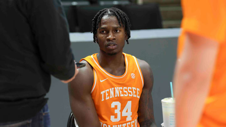 Tennessee’s Felix Okpara during Tennessee Basketball media day, at Thompson-Boling Arena at Food City Center, Thursday, Oct. 10, 2024.