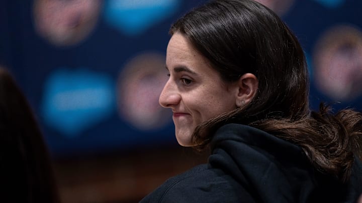 Indiana Fever's Caitlin Clark attends the press conference welcoming Stephanie White as the team's new head coach Monday, Nov. 4, 2024, held on Salesforce Court at Gainbridge Fieldhouse in Indianapolis.