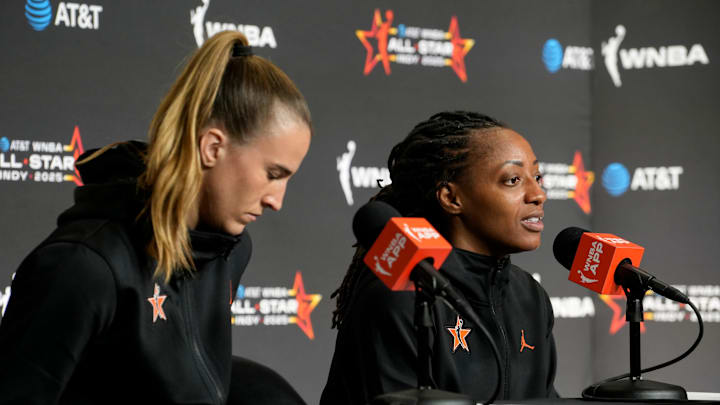 Sabrina Ionescu (left) and Kelsey Mitchell answers questions Saturday, July 19, 2025, at a press conference after the WNBA All-Star Game at Gainbridge Fieldhouse in Indianapolis.
