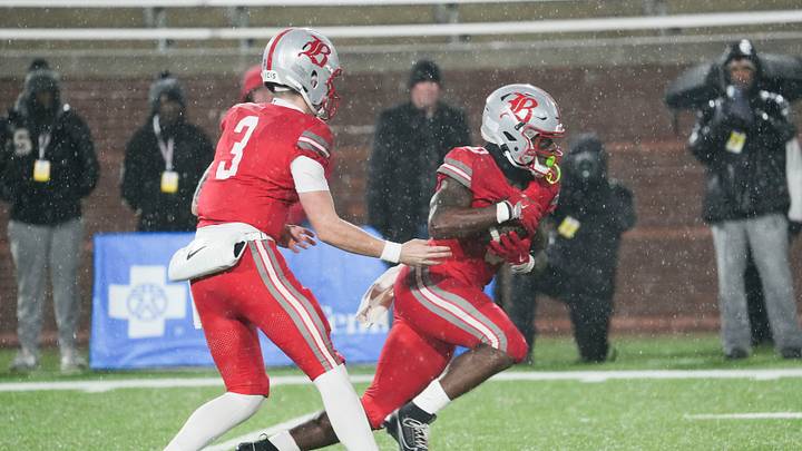 Baylor's Briggs Cherry (3) hands the ball of to Baylor's David Gabriel Georges (0) during the Division II-AAA Championship match between Baylor versus. Brentwood Academy in Finley Stadium, Chattanooga, Tenn., on Thursday, Dec. 4, 2025. Baylor's Briggs Cherry (3) hands the ball of to Baylor's David Gabriel Georges (0) during the Division II-AAA Championship match between Baylor versus. Brentwood Academy in Finley Stadium, Chattanooga, Tenn., on Thursday, Dec. 4, 2025.