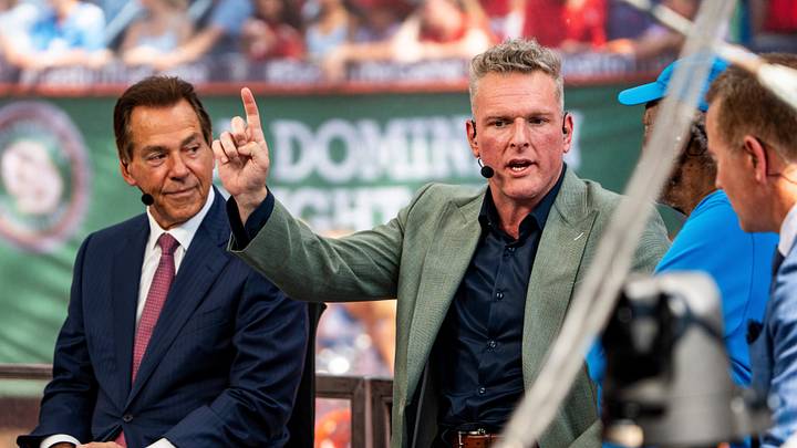 Pat McAfee speaks while delivering picks during ESPN’s College GameDay at The Grove in Oxford, Miss., on Saturday, Sept. 19, 2026. The GameDay visit for the Ole Miss-LSU game marks the return of head coach Lane Kiffin since leaving Ole Miss.